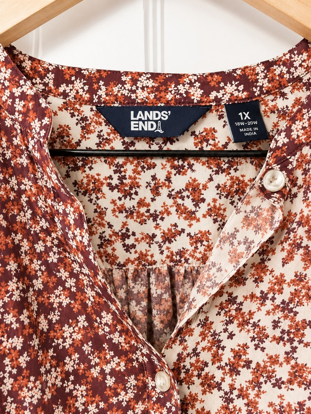Lands' End Women's Two-Tone Floral Button Down Blouse - Rust/Cream - Picture 3 of 7